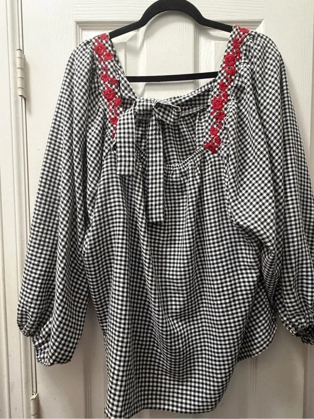 Savanna Jane Black-and-White Gingham Blouse with Red Embroidered Neckline - Picture 3 of 4